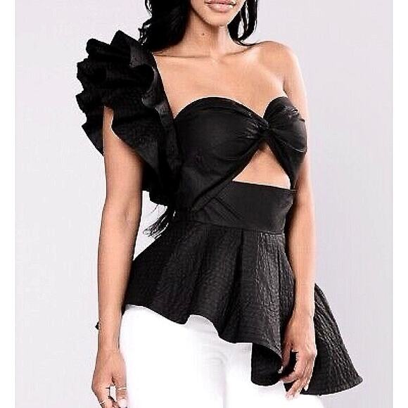 Fashion Nova Call Me Black Peplum One Shoulder Avant Garde Cutout Blouse Top S - Picture 1 of 7